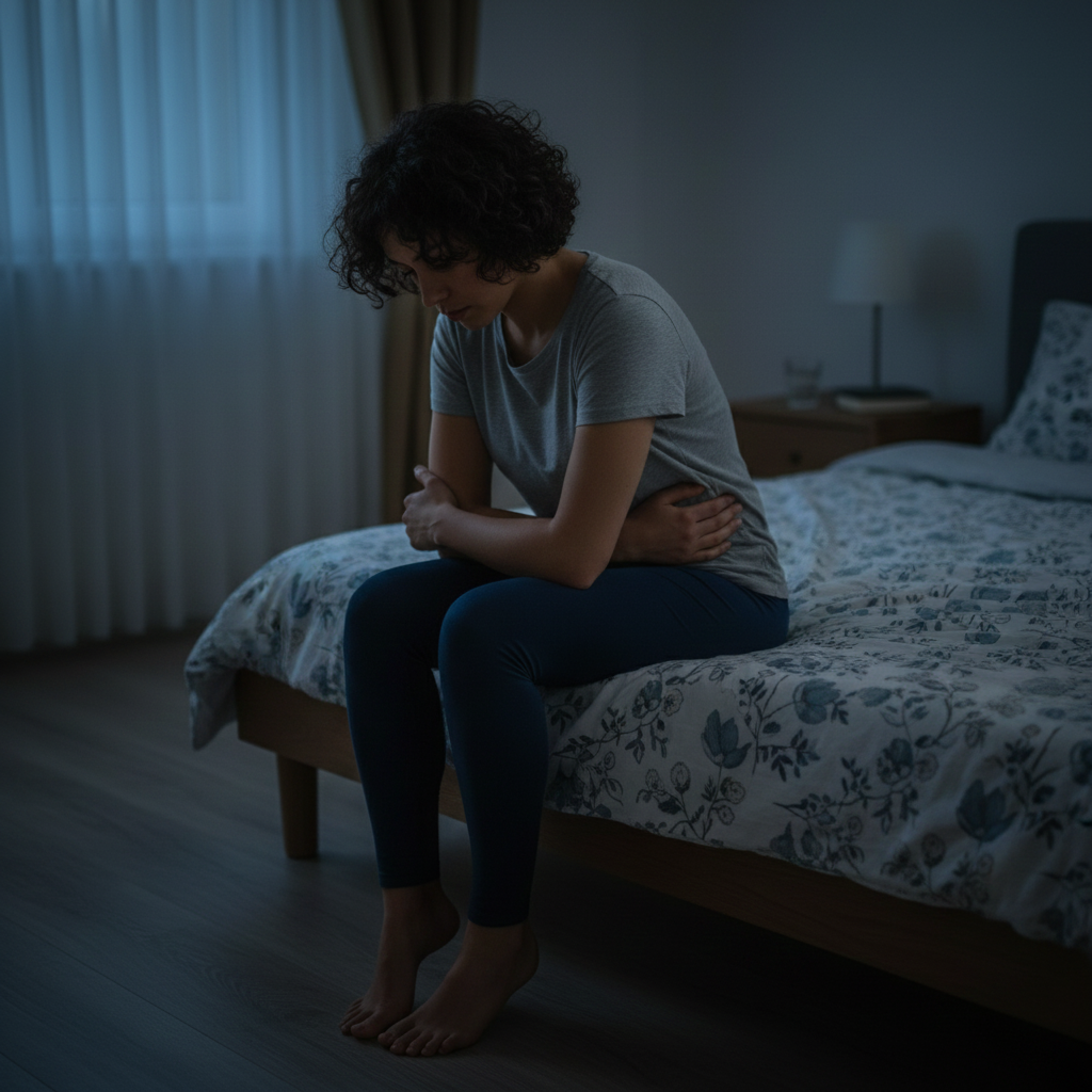 Woman sitting on bed, thinking and reflecting